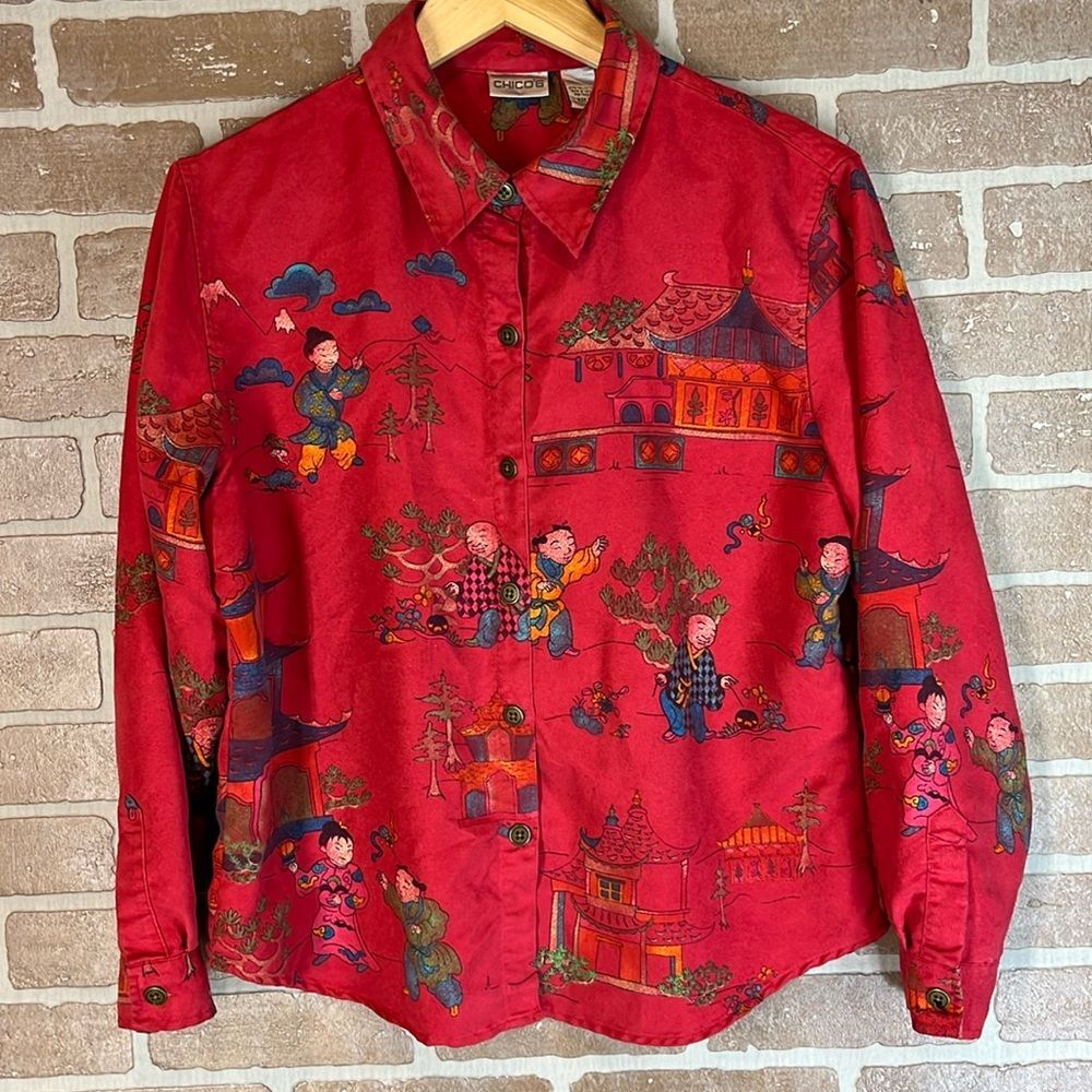 Vintage Chico's Asian Style Shirt Size Large Red